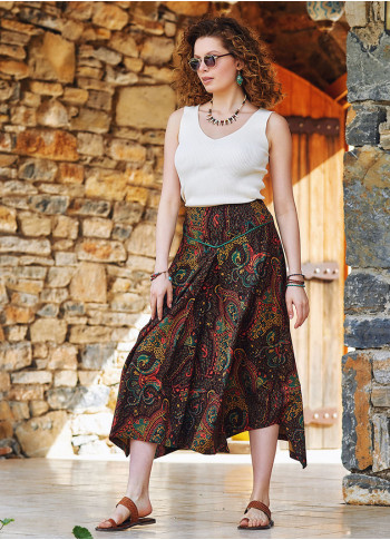 Paisley Pattern Asymmetrical Hem Elastic Waist Flared Midi Skirt