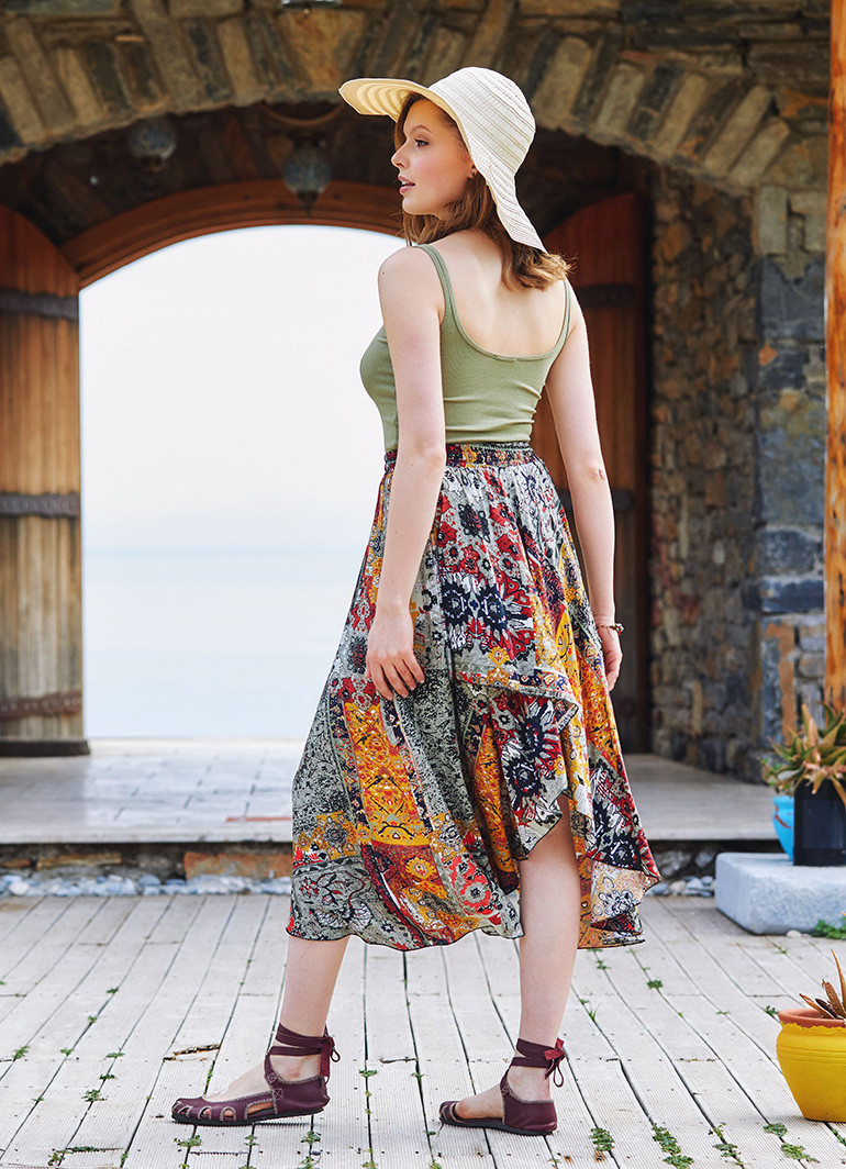 Mustard Patterned Bohemian Authentic Skirt Wholesale Boho Clothing