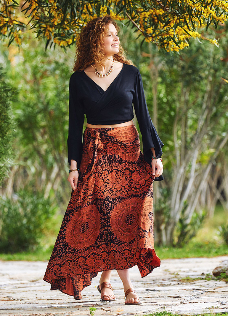 Gypsy Style Orange Flowy Skirt Wholesale Boho Clothing