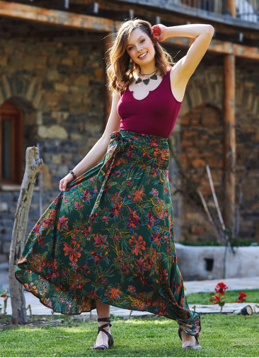 Gypsy Style Green Patterned Flowy Skirt