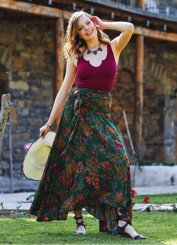 Gypsy Style Green Patterned Flowy Skirt