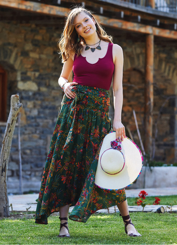 Gypsy Style Green Patterned Flowy Skirt