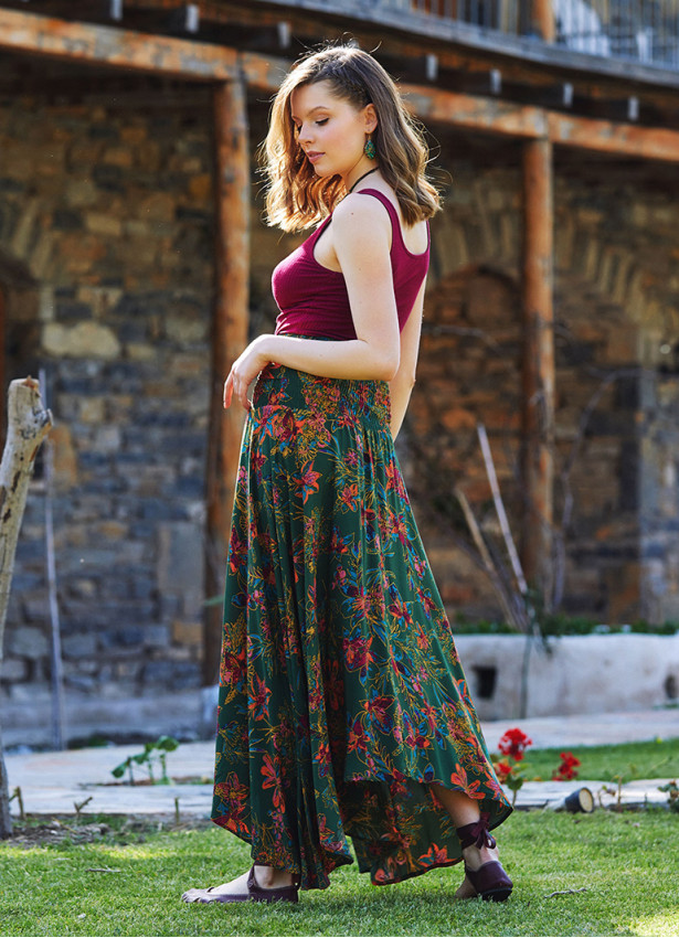 Gypsy Style Green Patterned Flowy Skirt