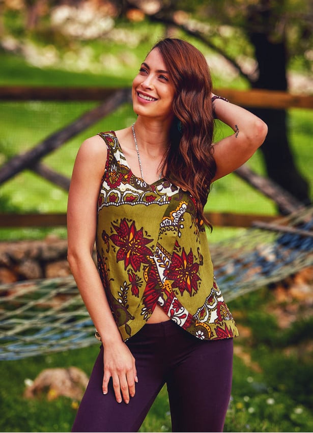 Sleeveless Wrap Front Boat Neck Summer Green Top