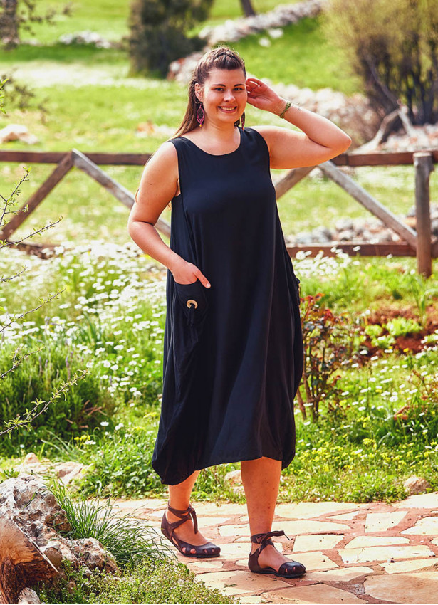 Sleeveless Buttoned Side Pockets Wholesale Plus Size Black Dress