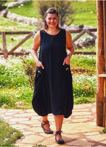 Sleeveless Buttoned Side Pockets Wholesale Plus Size Black Dress