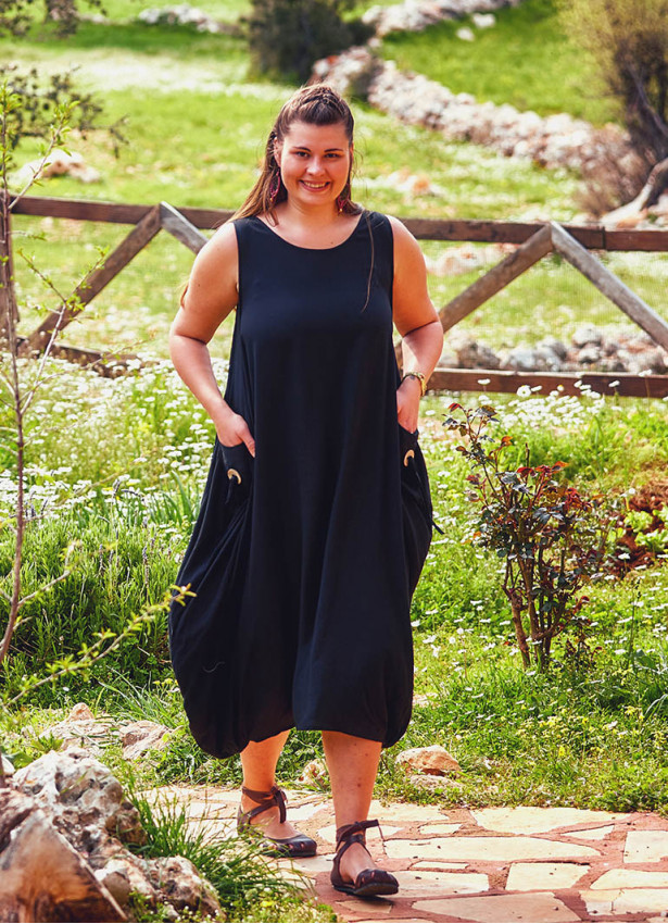 Sleeveless Buttoned Side Pockets Wholesale Plus Size Black Dress