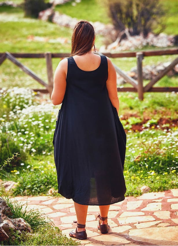Sleeveless Buttoned Side Pockets Wholesale Plus Size Black Dress