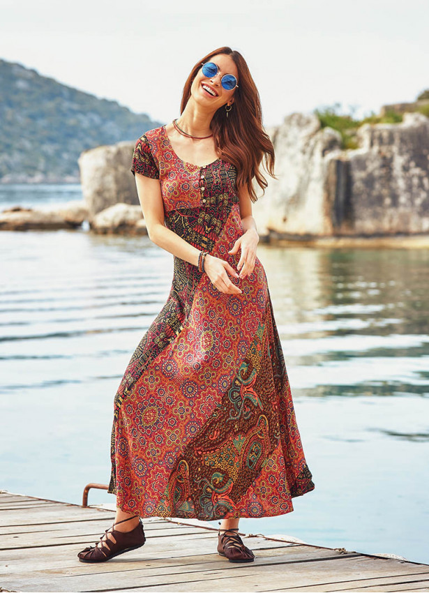 Half Sleeve Boat Neck Patchwork Maxi Boho Dress | Wholesale Boho Clothing