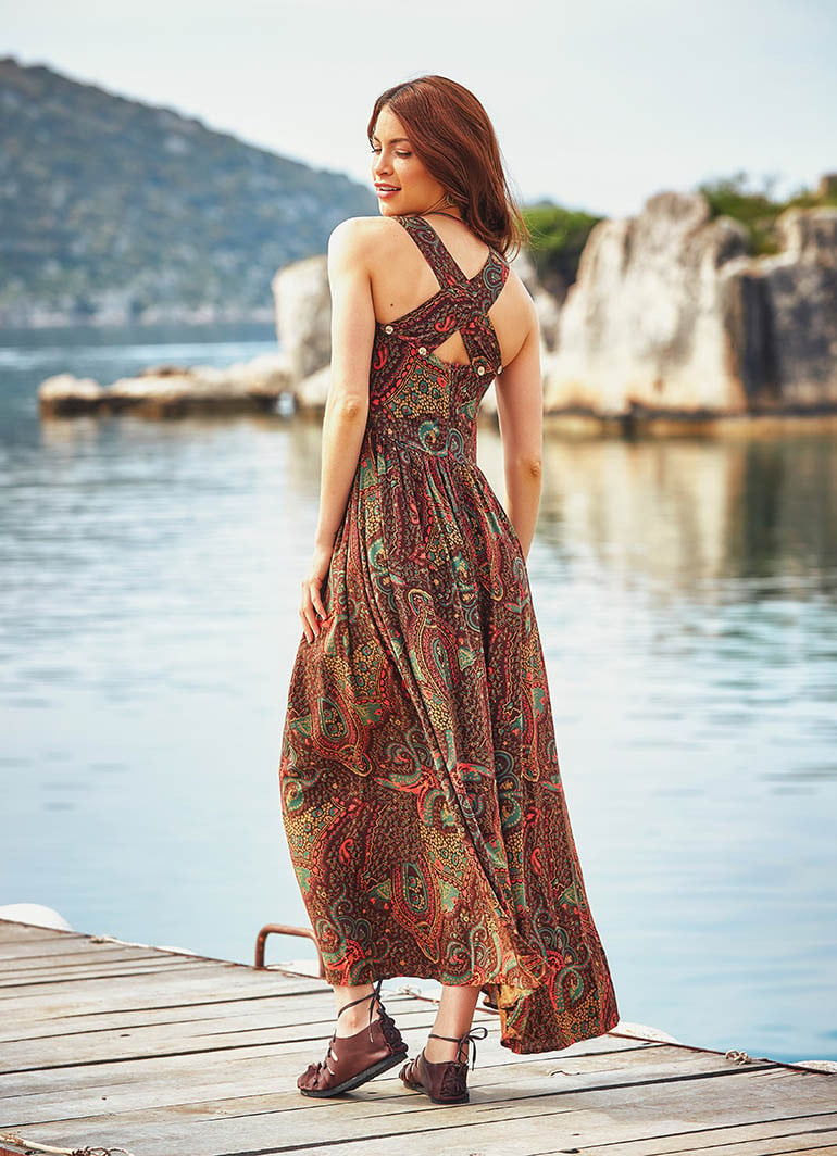 Wide Strap Cross Back Gypsy Style Dress | Wholesale Boho Clothing