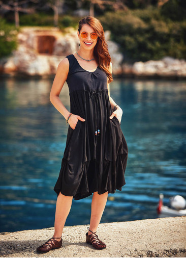 Gypsy Style Scoop Neckline Wooden Beaded Black Drawstring Dress