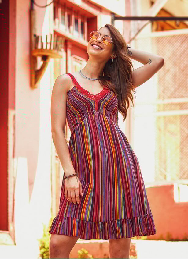 Laced Straps Frill Hem V Neck Striped Wholesale Gypsy Style Dress