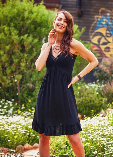 Laced V Neck Shirred Back Frill Hem Boho Wholesale Black Dress