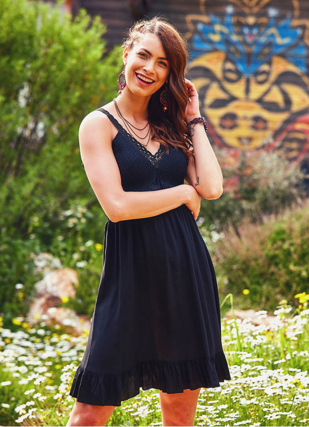 Laced V Neck Shirred Back Frill Hem Boho Wholesale Black Dress
