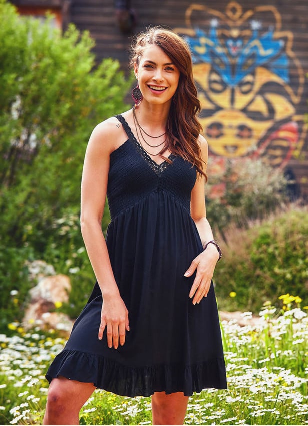 Laced V Neck Shirred Back Frill Hem Boho Wholesale Black Dress