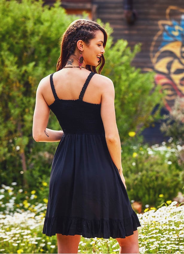 Laced V Neck Shirred Back Frill Hem Boho Wholesale Black Dress