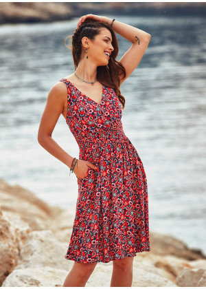 Shirred Waistband Double Breasted Neck Line Floral Print Sundress