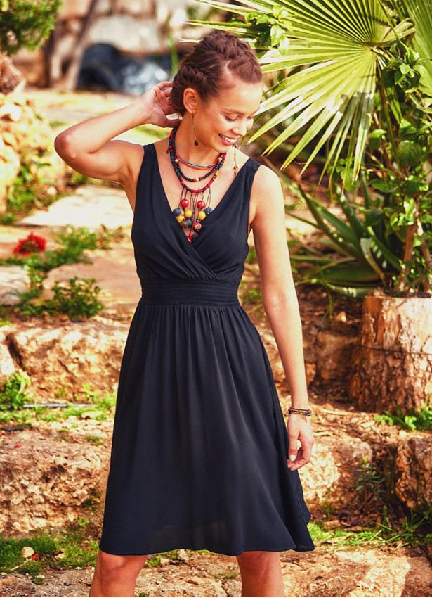 Double Breasted Neck Strappy Bohemia Wholesale Black Sundress