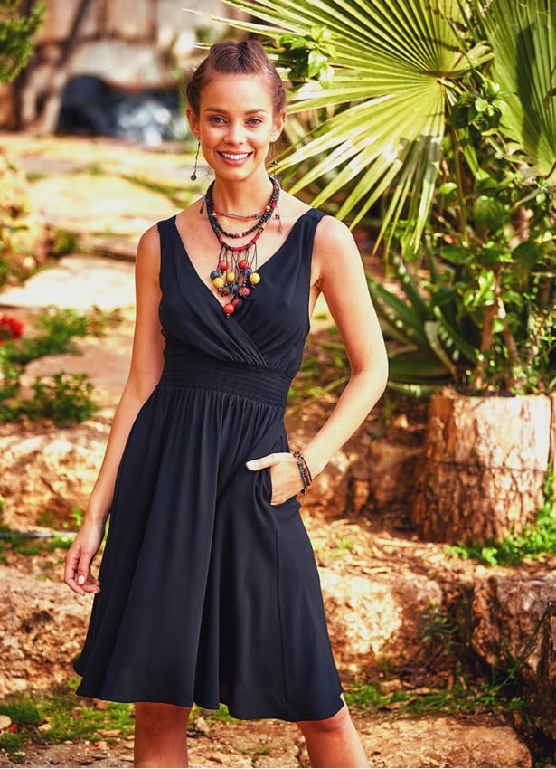Double Breasted Neck Strappy Bohemia Wholesale Black Sundress