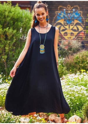 Sleeveless Pocket Detailed Boho Style Black Loose Fit Long Dress
