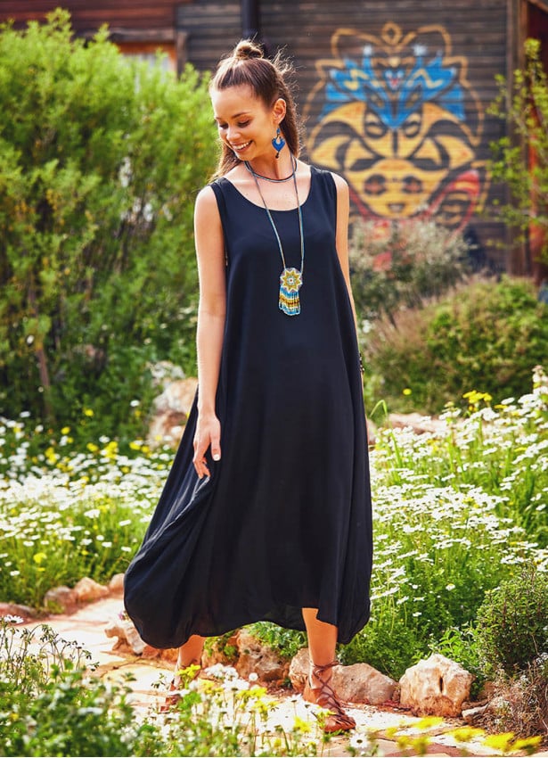 Sleeveless Pocket Detailed Boho Style Black Loose Fit Long Dress
