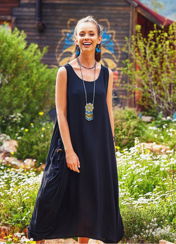 Sleeveless Pocket Detailed Boho Style Black Loose Fit Long Dress