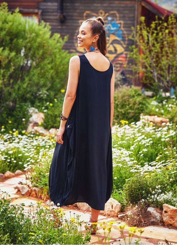 Sleeveless Pocket Detailed Boho Style Black Loose Fit Long Dress