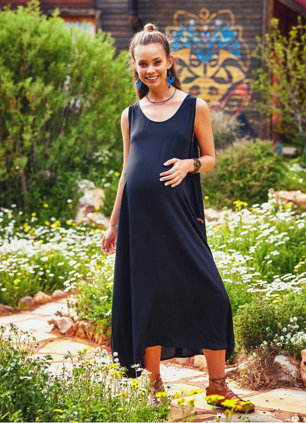 Buttoned Pockets Scoop Neck Loose Fit Wholesale Maternity Dress