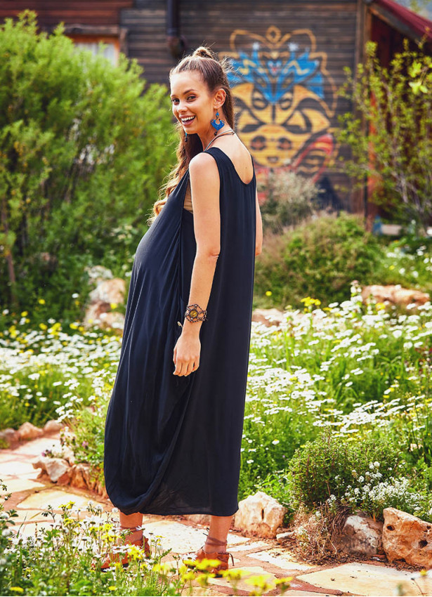 Buttoned Pockets Scoop Neck Loose Fit Wholesale Maternity Dress