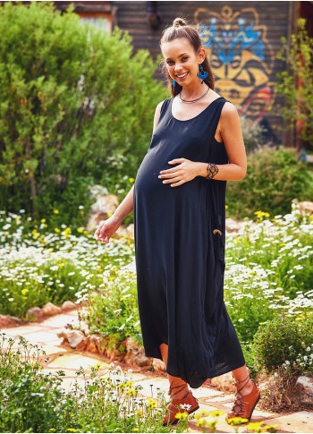 Buttoned Pockets Scoop Neck Loose Fit Wholesale Maternity Dress
