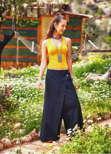 Elastic Waistband Side Pockets Black Culottes