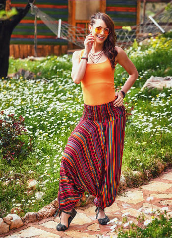 Shirred Wide Waistband Hippie Style Wholesale Striped Harem Pants