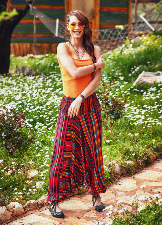 Shirred Wide Waistband Hippie Style Wholesale Striped Harem Pants