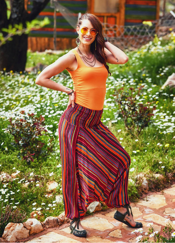 Shirred Wide Waistband Hippie Style Wholesale Striped Harem Pants