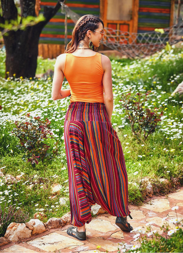 Shirred Wide Waistband Hippie Style Wholesale Striped Harem Pants