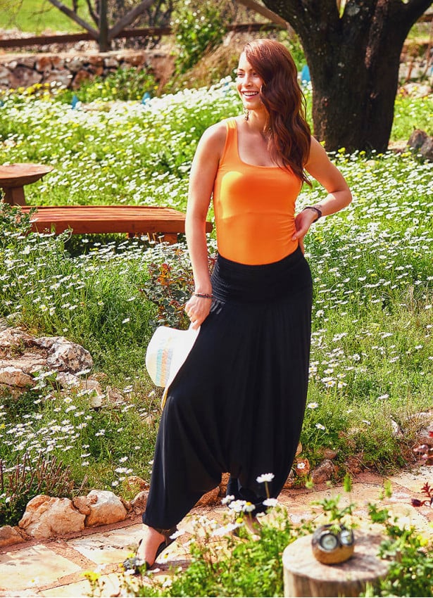 Shirred Waistband Elastic Hem Bohemian Flowy Black Harem Pants