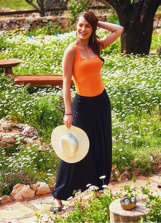 Shirred Waistband Elastic Hem Bohemian Flowy Black Harem Pants
