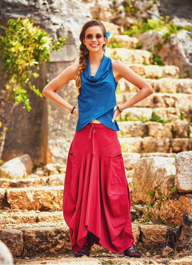 Gypsy Style Oversized Pocket Detailed Wholesale Long Cotton Skirt