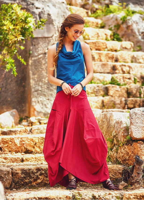 Gypsy Style Oversized Pocket Detailed Wholesale Long Cotton Skirt