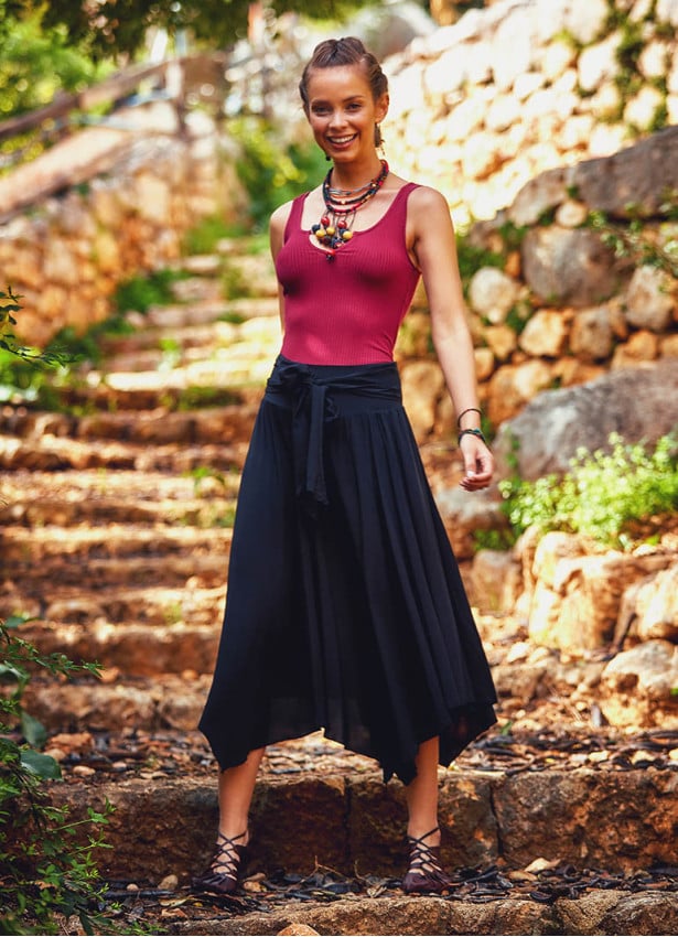 Asymmetrical Hem Detailed Tie Waist Boho Chic Flowy Midi Skirt