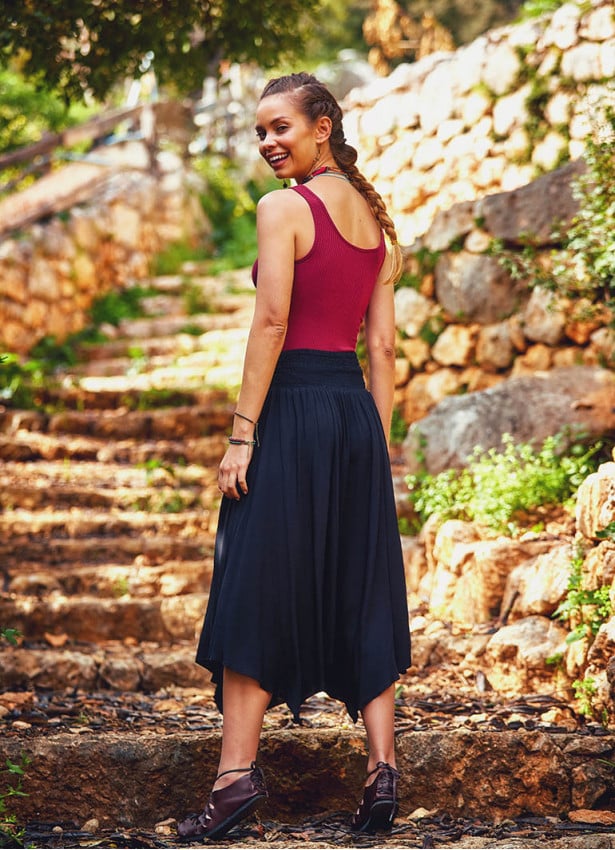 Asymmetrical Hem Detailed Tie Waist Boho Chic Flowy Midi Skirt