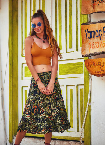 Palm Patterned Elastic Waistband Khaki Midi Skirt