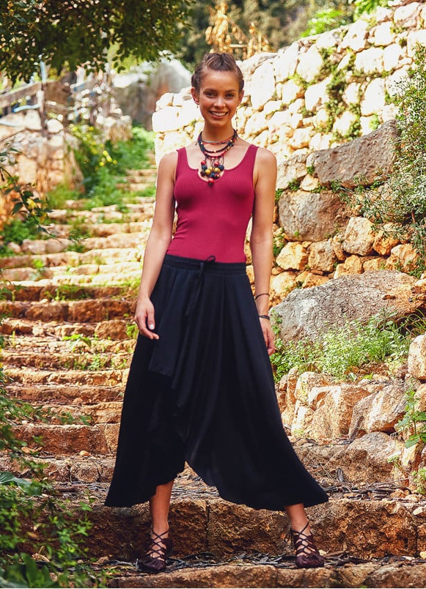 Hem Detailed Elastic Waist Wholesale Gypsy Black Flowy Midi Skirt