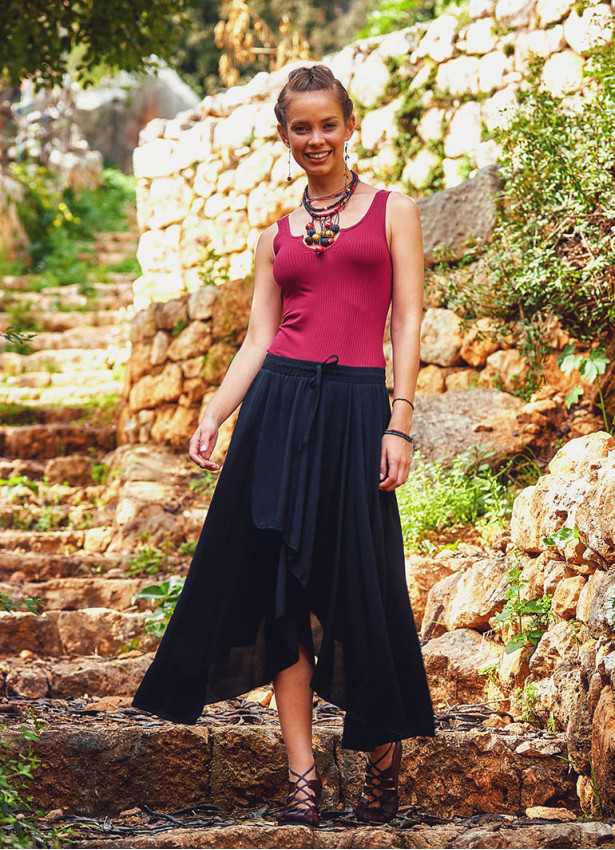 Hem Detailed Elastic Waist Wholesale Gypsy Black Flowy Midi Skirt