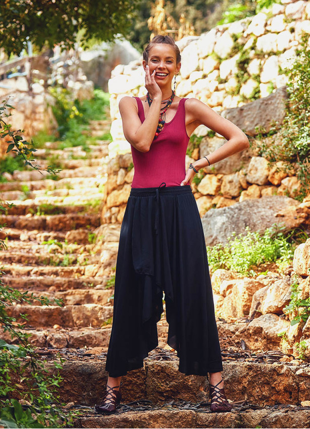 Hem Detailed Elastic Waist Wholesale Gypsy Black Flowy Midi Skirt