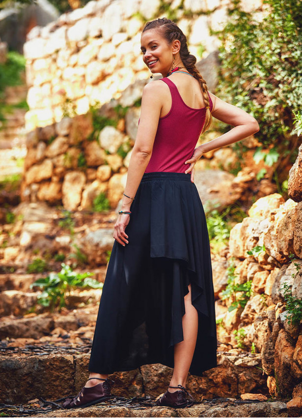 Hem Detailed Elastic Waist Wholesale Gypsy Black Flowy Midi Skirt