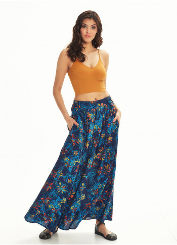 Blue Flower Pleated Elastic Banded Maxi Skirt