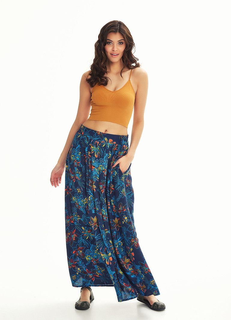 Blue Flower Pleated Elastic Banded Maxi Skirt | Wholesale Boho Clothing