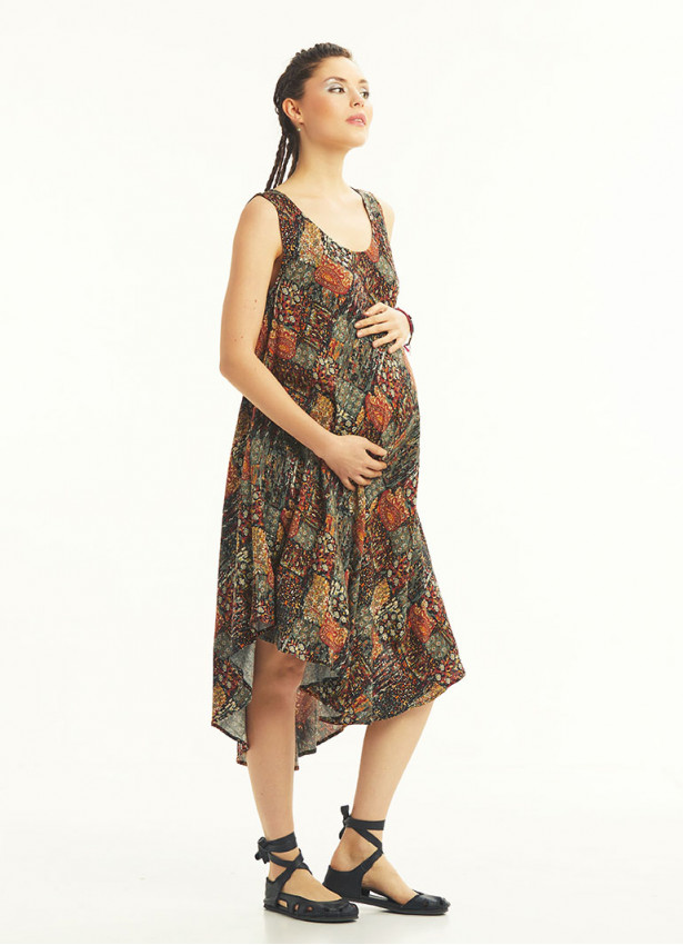 Khaki Patterned Scoop Neck Round Hem Sleeveless Maternity Dress