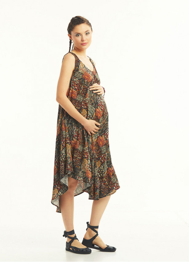 Khaki Patterned Scoop Neck Round Hem Sleeveless Maternity Dress